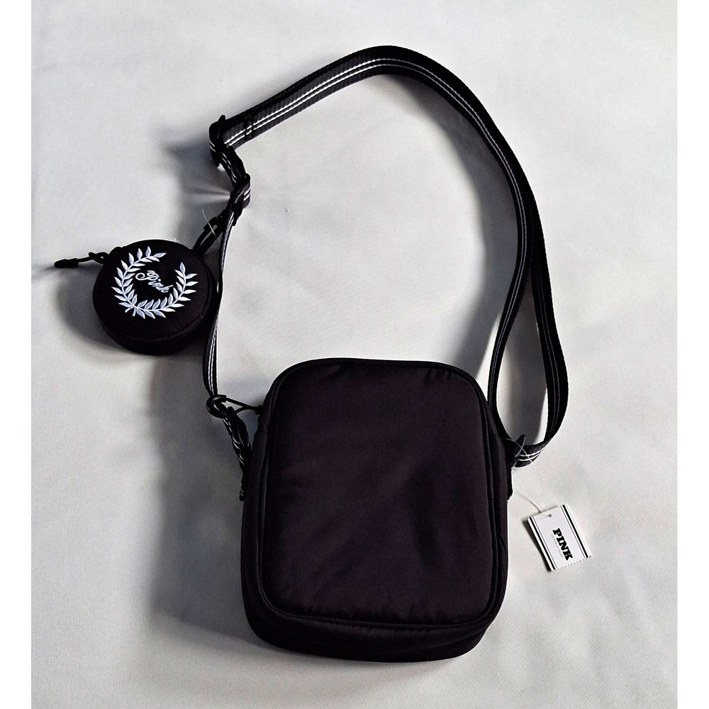 PINK Black Small Crossbody Bag Zip Logo w/ Coin Purse Adjustable Strap